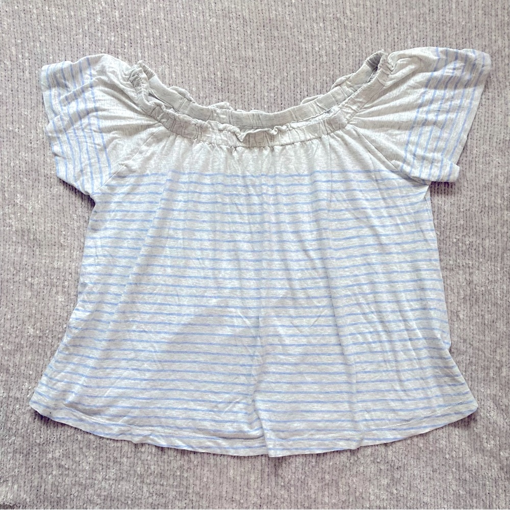 Faherty Off Shoulder Blue Stripe Ruffle Tee Top Women’s Small Coastal Summer